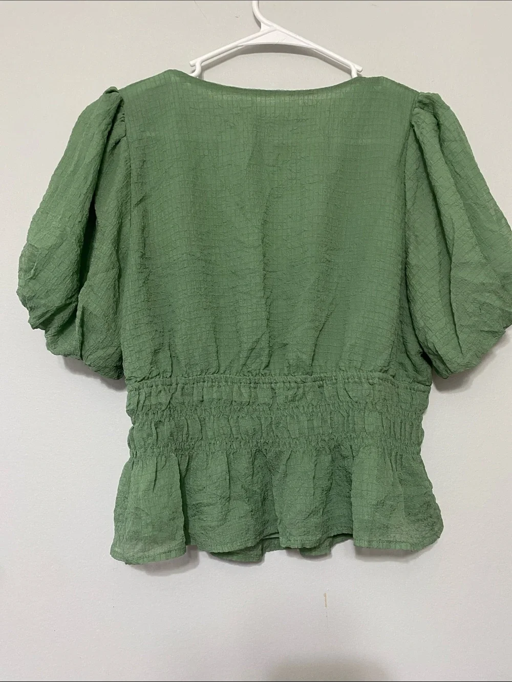 Astr Sage Green Smocked V-Neck Peplum Blouse